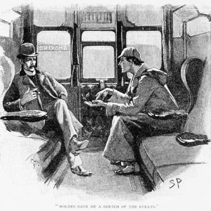 Book Illustration Depicting Sherlock Holmes and Dr. Watson in a Train Cabin